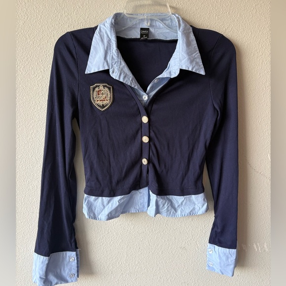 Dazy Tops - Navy and Light Blue layered Button-Up Cardigan